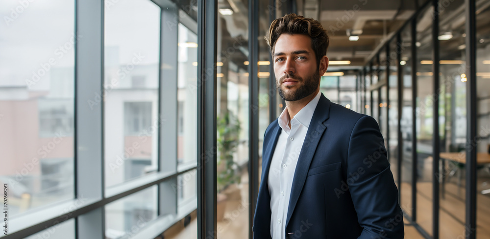 Portrait of young handsome businessman in suit and shirt standing in the modern office of the company and looking seriously into the camera Portrait of young handsome businessman in suit and shirt standing in the modern office of the company and looking seriously into the camera