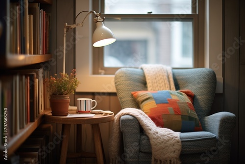 cozy reading nook with a lamp and a pile of books