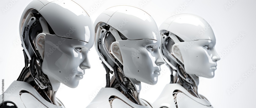 Φωτογραφία Row of humanoid robots with sleek designs against a white background, concept of futuristic technology and AI