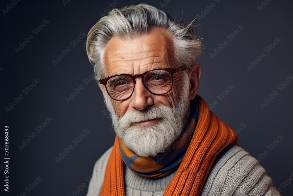Portrait of a senior man with grey beard and glasses. Studio shot.