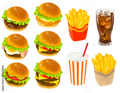 ハンバーガー　iイラストセット　ファーストフード　イラスト
