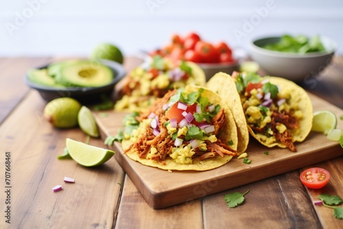 tacos with barbecued pulled pork and scrambled eggs spilling out