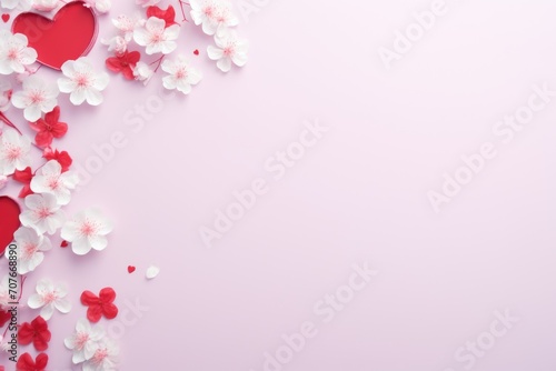 Cherry flowers and red heart symbol on light pink background. Creative layout with spring flowers and heart. Women's day, Valentines day concept. Flat lay, top view with copy space