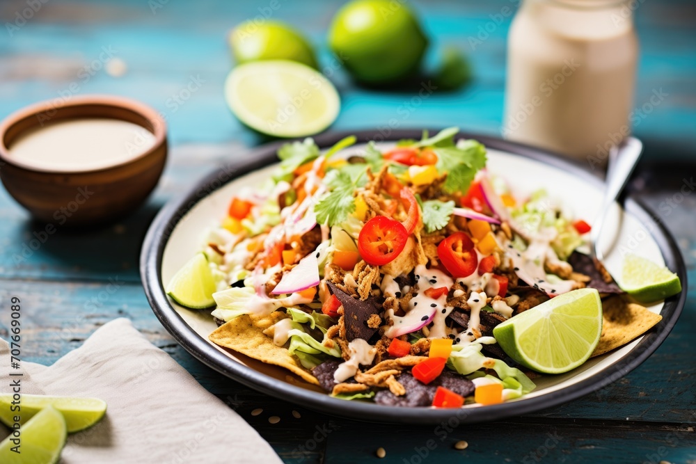 spicy cashew dressing drizzle over taco salad, lime wedge spicy cashew dressing drizzle over taco salad, lime wedge