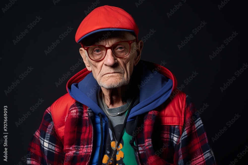 Portrait of an elderly man in a red cap. Studio shot. Portrait of an elderly man in a red cap. Studio shot.