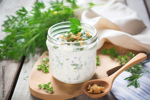 creamy cashew ranch in glass jar, herbs scattered, wooden spoon