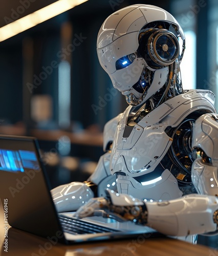 Robotic humanoid works on laptop in futuristic office