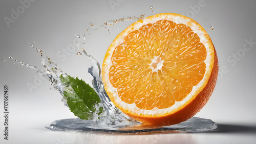 one levitating orange slice with leaves, ice cubes and water splash on a white isolated background