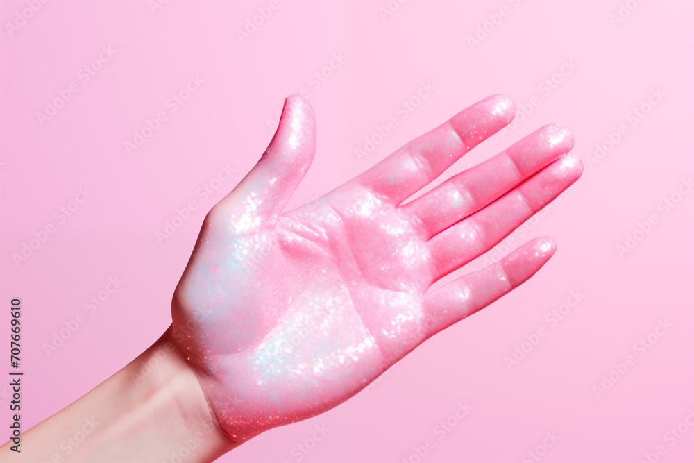 Fototapeta premium female palm in pink motley paint