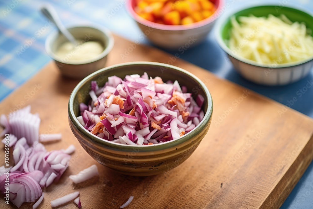 diced red onion and shredded cheese toppings beside chili bowl diced red onion and shredded cheese toppings beside chili bowl