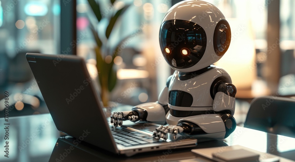 Office robot using laptop at work completing tasks efficiently in a modern workspace Office robot using laptop at work completing tasks efficiently in a modern workspace