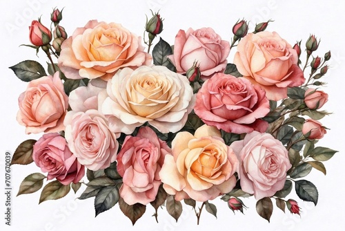watercolor roses and leaves, pastel pink and beige blooms, white background, framework for invitations and cards photo
