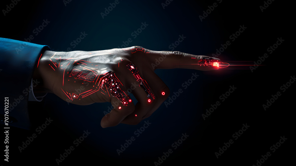 A robotic human hand points with a glowing edge on its finger against a black background. - obrazy, fototapety, plakaty 