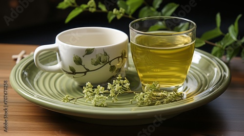 Green tea served in a white cup.