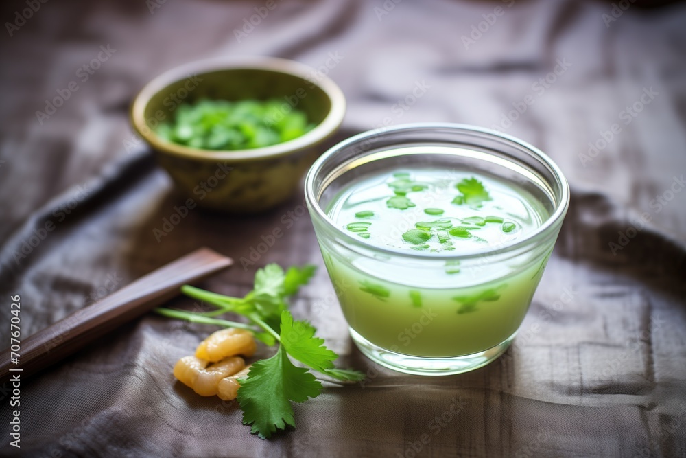 glass bowl of edamame soup with sprig of cilantro glass bowl of edamame soup with sprig of cilantro