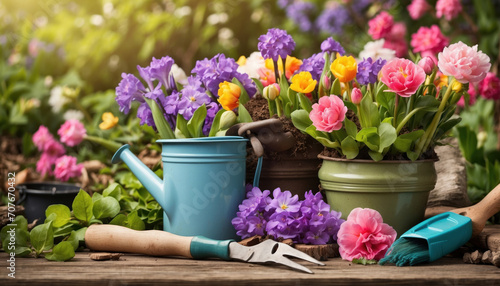 Spring flowers with the gardening tools. AI generated