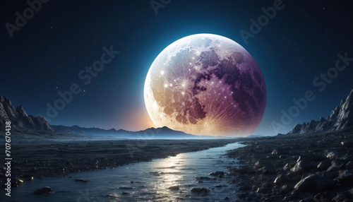 Full bright brilliant moon hanging over the sea and mountains. AI generated photo