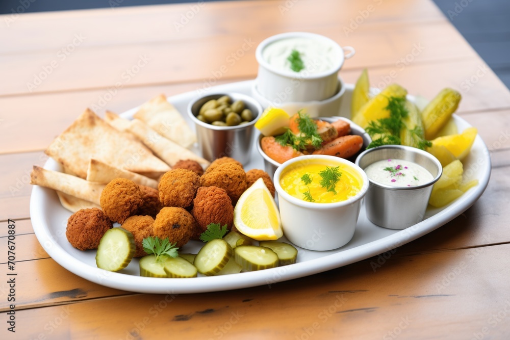 falafel platter with dips and pickles aside falafel platter with dips and pickles aside
