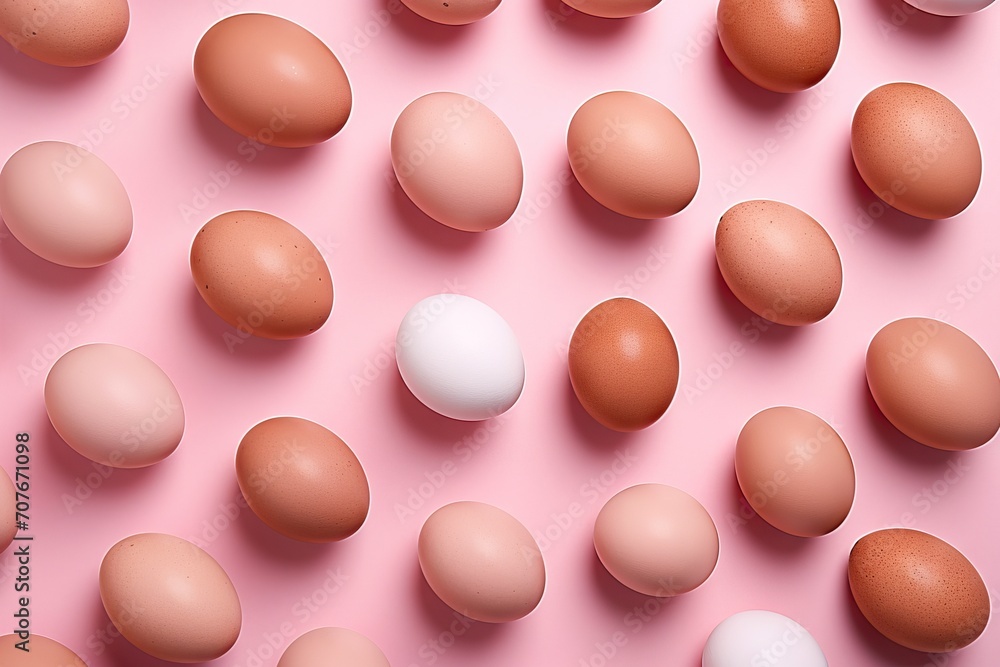 Pattern made of fresh raw eggs on pastel pink background. Easter minimal concept. Fresh organic healthy food Pattern made of fresh raw eggs on pastel pink background. Easter minimal concept. Fresh organic healthy food