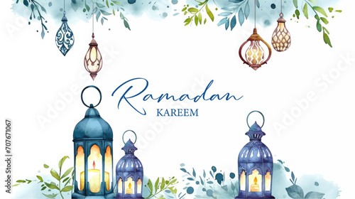 Ramadan Kareem greeting card with mosque in watercolor style. Vector illustration.