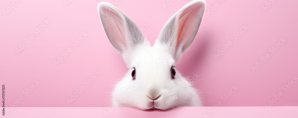 Obraz premium White rabbit pick up on a light pink background with copy space. Easter minimalistic concept with copy space. Cute pet for background, poster, print, design card, banner, flyer