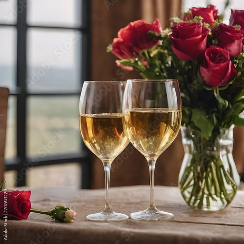 Happy Valentine's Day withTwo wine glasses and bouquet of flowers ontable. Concept of Valentine's Day and romantic date for couple