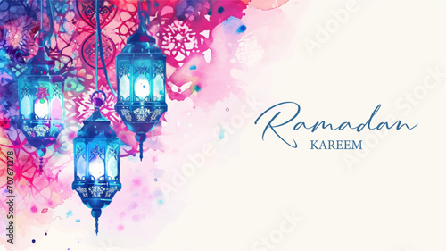 Ramadan Kareem greeting card with mosque in watercolor style. Vector illustration.