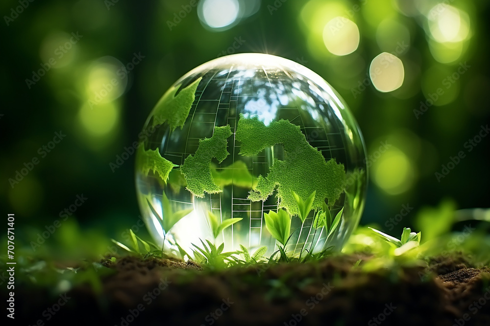 Globetrotter's Vision: Crystal Glass Globe on Verdant Bush with Vibrant Sunset Globetrotter's Vision: Crystal Glass Globe on Verdant Bush with Vibrant Sunset