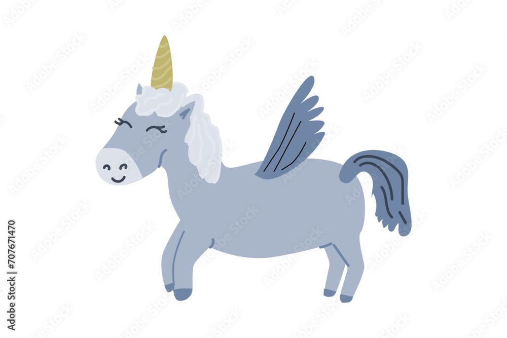grey fairy unicorn horse with wing - cartoon character. Vector illustration isolated. 
