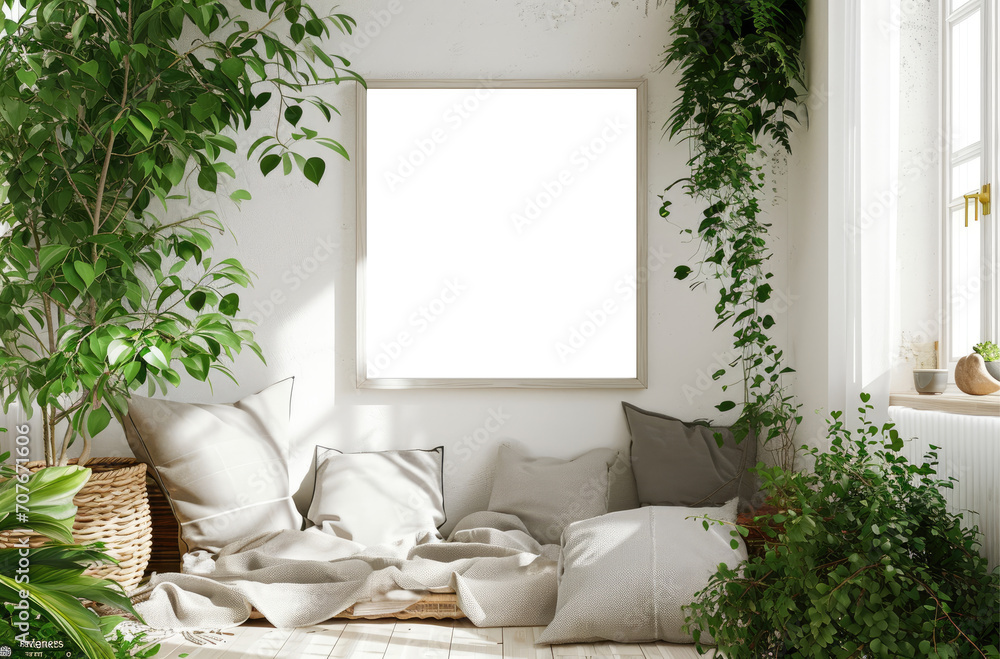 Wall Art Mockup: Cozy Home Corner with Blank Picture Frame and Greenery