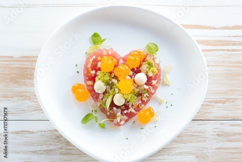 red currant and peach tartare in white heart-shaped bowl