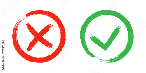 Two dirty grunge cross x and tick OK check marks in check boxes, hand drawn with brush strokes vector illustration isolated on white background. Check mark symbol NO and YES buttons for web vote, etc.