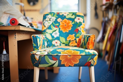 reupholstering a vintage armchair with new fabric photo