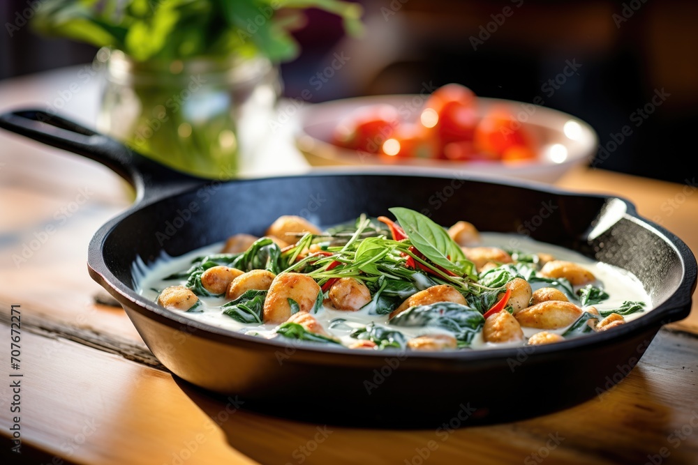 gnocchi in a skillet with spinach and cream gnocchi in a skillet with spinach and cream