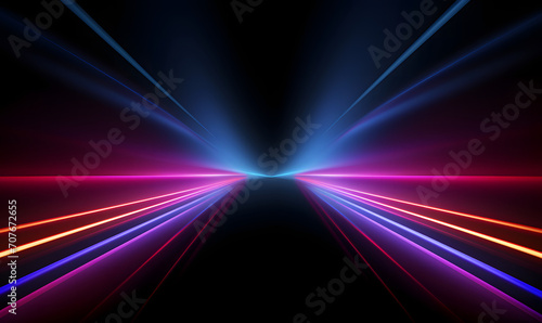 Neon futuristic flashes on black background. Motion light lines backdrop. Multicolored hyperspace tunnel for banners, postcards, illustrations.