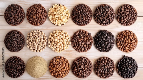 Assorted Coffee Beans and Grains on Wooden Surface