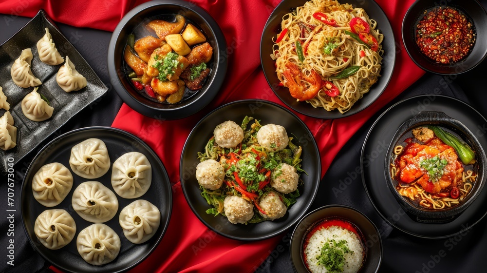 Assorted Asian Cuisine Dishes on Elegant Table Setup