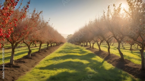 A well kept orchard with rows of fruit laden trees in the soft morning light