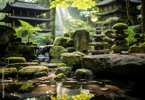 The Tranquil Zen Spot Amidst Nature's Beauty, Zen garden, Generative AI