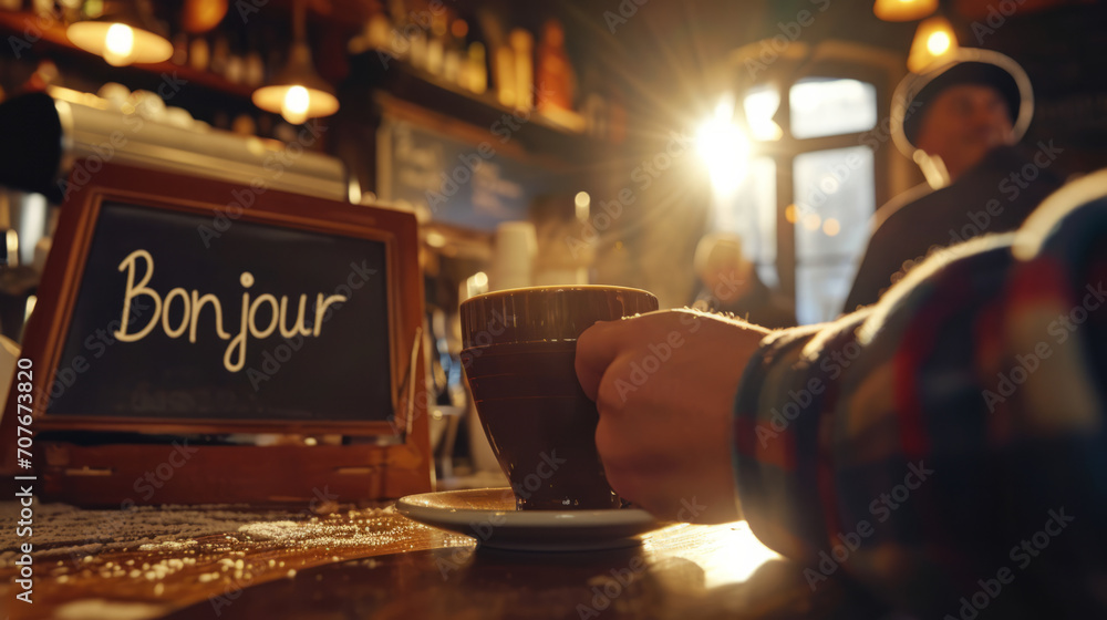Coffee cup in a cafe in morning light and sign with written french word Bonjour meaning Hello and waiter in France - obrazy, fototapety, plakaty 