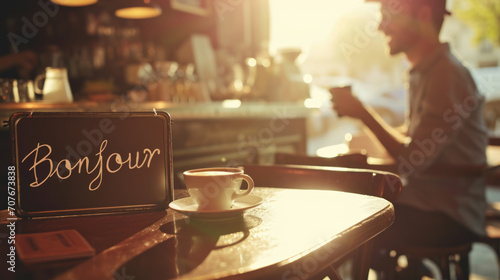 Coffee cup in a cafe in morning light and sign with written french word Bonjour meaning Hello and waiter in France photo