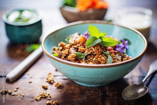 rustic granola bowl presentation with a sprig of mint