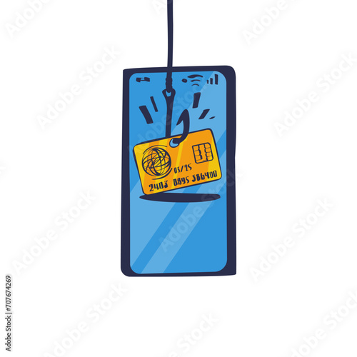 Theft of data from smartphone. Credit card on a hook. Theft of bank data. Credit card fraud. Phishing concept. Fishing hook. Vector illustration sketch design. Isolated on background. Phone in hand.