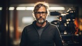 Film director portrait on blurred background. Successful senior director