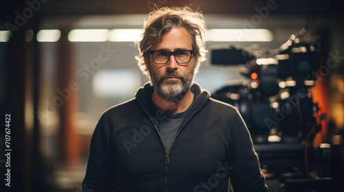 Film director portrait on blurred background. Successful senior director photo