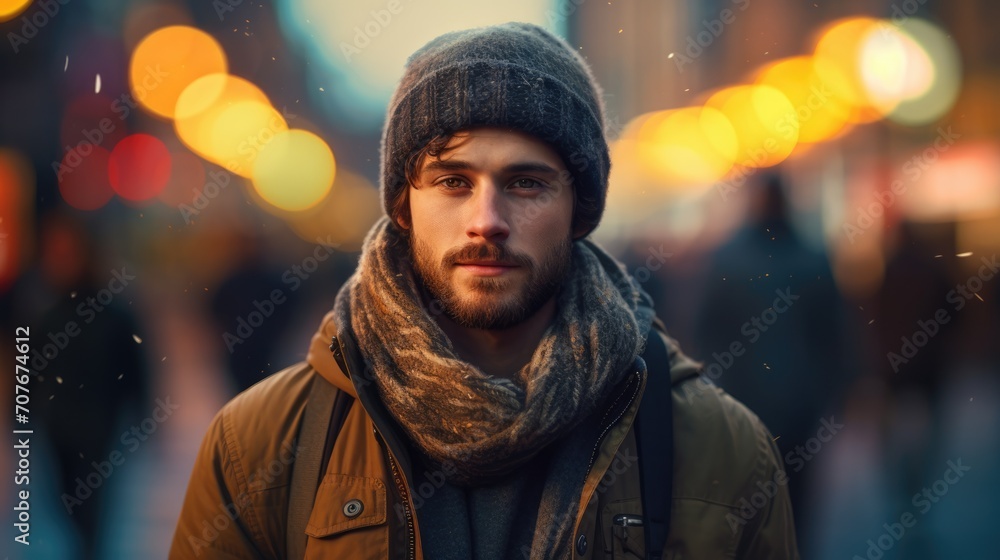 Portrait of man carrying a backpack looking at camera. Blurred evening city Portrait of man carrying a backpack looking at camera. Blurred evening city