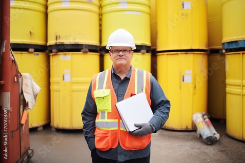 safety inspector with clipboard near hazardous waste bins