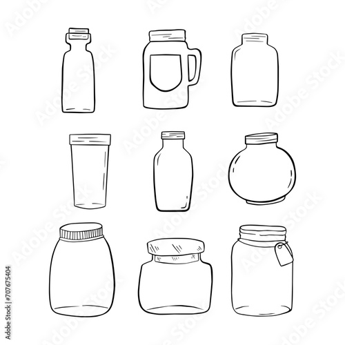 Set of Jars Doodle Outline. Vector illustration for decoration or any design.
