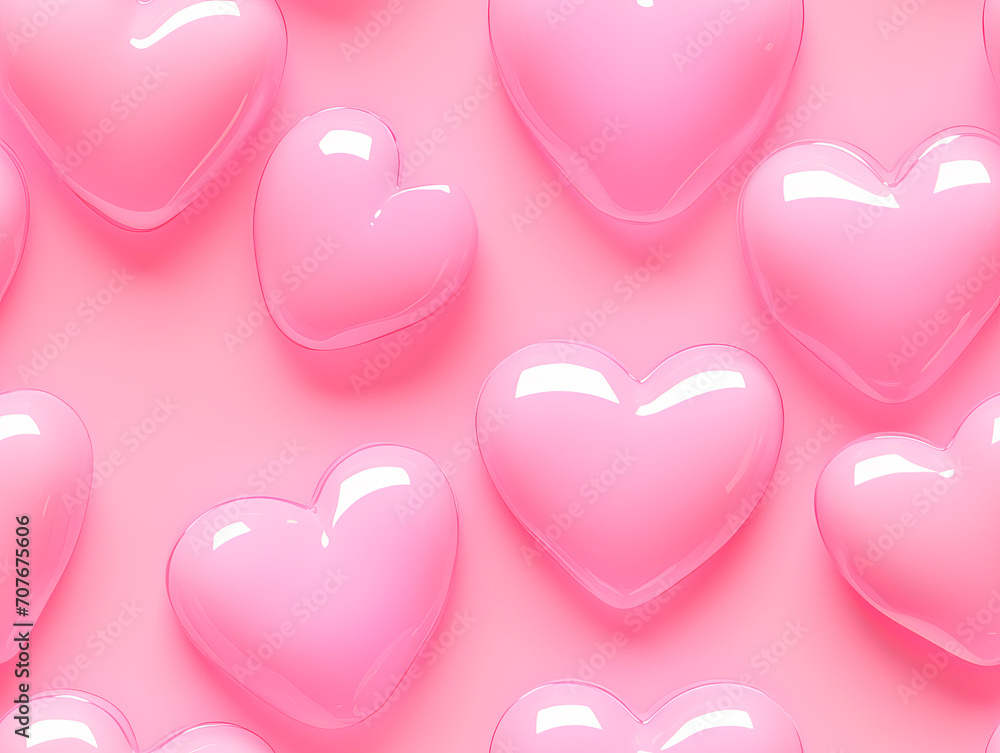 Pink glossy heart shapes seamless background for valentines day, love pattern.
