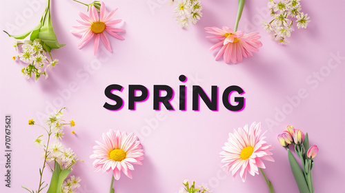 Text "SPRING" Contained spring flowers with copy space. 